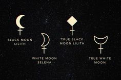 four phases of the moon in black and white on a night sky with stars above