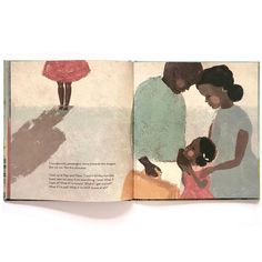 an open children's book with illustrations of two women and a child