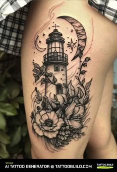 a woman's thigh with a lighthouse and flowers on it