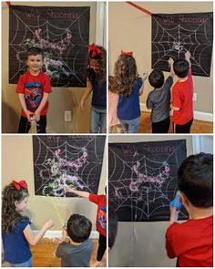 four pictures of children writing on a blackboard with spider webs and pink flowers