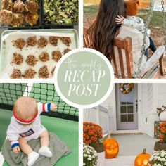 a collage of photos with pumpkins and food