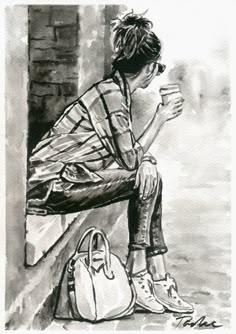 a black and white drawing of a person sitting on a ledge with a handbag