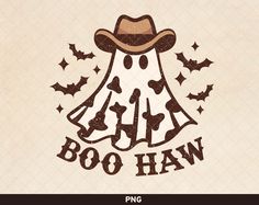 a cow with a cowboy hat on it's head and the words boo haw