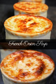 three different types of cheese pies on top of each other with the words fondant onion soup above them