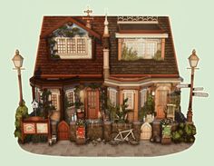 a drawing of a house with lots of windows and plants on the front, along with a bicycle parked outside