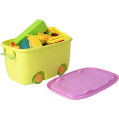 a yellow toy truck with toys in it and a pink tray next to it on a white background