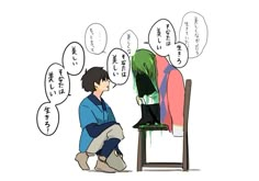 an anime character sitting on a chair looking at another person's clothes in front of him