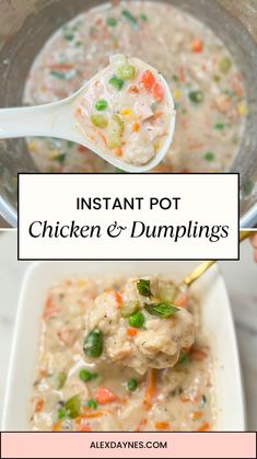 instant pot chicken and dumplings in a white bowl with a ladle full of soup