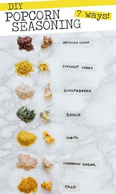 the ingredients for popcorn seasoning on a marble counter top with text overlay that reads diy popcorn seasoning 2 ways