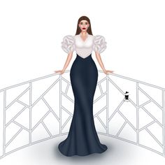 a woman in a black and white dress is standing on a bridge with her hands on her hips