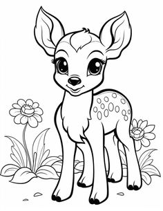 a cute little deer standing in the grass with flowers around it's neck and eyes