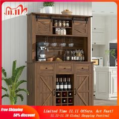 Coffee Bar Cabinet, Tall Kitchen Pantry, 72" Hutch, Liquor Cabinet with Wine Bottle Rack, 3 Drawers Hutch Liquor Cabinet, Cabinet Tall, Coffee Bar Cabinet, Tall Kitchen, Wine Bottle Rack, Bottle Rack, Wine Cabinets, Bar Cabinet, Kitchen Pantry