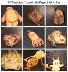 there are 9 characters turned into perfect pancakes in the shape of animals and cats