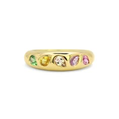 Add a pop of color to your jewelry collection with our Mosaic 18K Gemstone Gypsy Ring! This unique and playful ring features multi-colored pear cut gemstones set in a mosaic design on an 18K gold band. Perfect for stacking or making a statement on its own, this ring adds 0.97 ct of gemstone elegance to any outfit. Mosaic Wedding Band, Fine Jewelry Multicolor Rings With Rose Cut Diamonds, Multicolor Rose Cut Diamond Rings, Yellow Gold Multi-stone Teardrop Rings, Gold Teardrop Multi-stone Ring, Unique Gemstone Rings, Mosaic Wedding, Family Ring, Family Rings