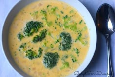 broccoli and cheese soup in a white bowl