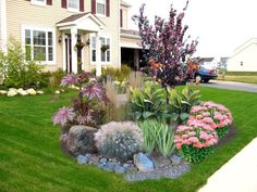 a flower garden in front of a house