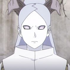 an anime character with white hair and horns on her head, staring at the camera