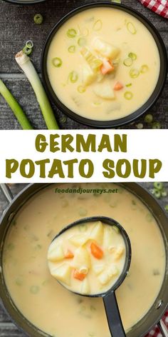 two pictures with different types of soup in them and the words german potato soup on top