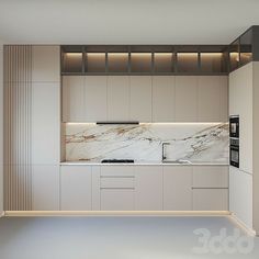 an empty kitchen with marble counter tops and white cupboards on either side of the wall