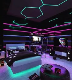 a bedroom with neon lights and black furniture