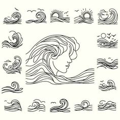 the silhouettes of waves and sun in black ink on white paper, each with an individual's face