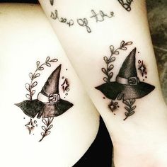 two tattoos on the legs of people with flowers and witches written on their ankless