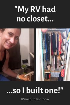 a woman sitting on the floor in front of a closet filled with clothes and other items