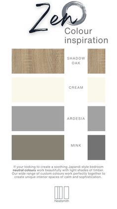 Zen colour inspiration graphic featuring 4 colour swatches Shadow oak, cream, ardesia (soft grey) and mink (soft beige). Grey Brown Colour Palette, Color Palette Japandi, Brown And Grey Colour Palette, Timber Colour Palette, Japandi Materials, Japandi Colour Palette, Japandi Colour Pallete, Neutral Color Palette Bedroom, Zen Mood Board Interior Design