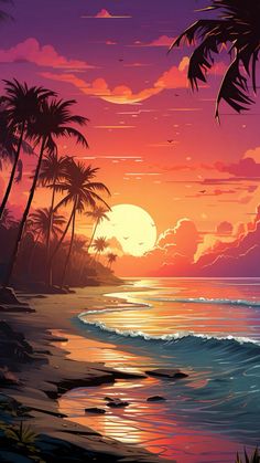 the sun is setting over the ocean with palm trees in front of an orange and purple sky