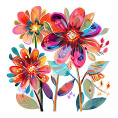 three colorful flowers with leaves on the stems and one flower is painted in bright colors