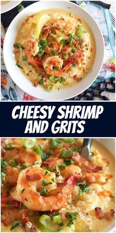 two pictures with different types of shrimp and grits