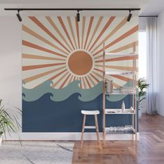 the sun is shining over the ocean waves wall mural