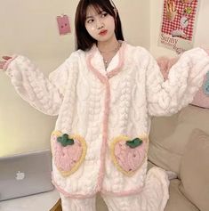 Sweet Strawberry Pajamas Home Suit PN6205 ●Size: Top: M:Length 64 cm bust 108 cm sleeve 46 cm L:Length 66 cm bust 112 cm sleeve 47cm XL:Length 68 cm bust 116 cm sleeve 48 cm XXL:Length 70 cm bust 120 cm sleeve 49 cm Pants: M: Length 94 cm waist 60-100 cm hip 102 cm. L: Length 96 cm waist 66-110 cm hip 108 cm. XL: Length 98 cm waist 70-120 cm hip 114 cm. XXL: Length 100 cm waist 74-126 cm hip 118 cm. (Please allow 1-3cm differs due to manual measurement.As different computers display colors differently,the color of the actual may vary slightly from the above images.Thanks for your understanding.) ●Material: soft ●About Shipping: We attach great importance to the orders of each customer and parcel delivery. 1.Processing time: 2-3 business days. 2.Shipping time: 10-15 business days to US, ple Strawberry Pajamas, Cute Korean Outfits, Kawaii Phone Case, Parcel Delivery, Fleece Dress, Coat Outfits, Korean Outfits, Sweater Coats, Sock Shoes