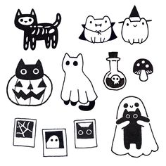 black and white drawing of halloween items on a white background, including pumpkins, ghostes, cats, and more