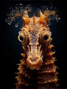 a close up of a sea horse's head with bubbles coming out of it