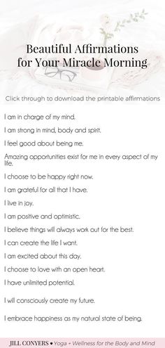 Ready to create a MIRACLE MORNING? With negative thoughts we can talk ourselves into believing that we are not good enough. Affirmations can help you to challenge and overcome self-sabotaging and negative thoughts. Click through to download the Miracle Morning Affirmations and Inspiration printables. #miraclemorning #selflove #selfcare #quotes #affirmations Miracle Morning Affirmations, Beautiful Affirmations, Selfcare Quotes, Quotes Good Morning, Quotes Affirmations, Love Thoughts