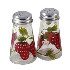 two glass salt and pepper shakers with strawberries painted on the front one is silver