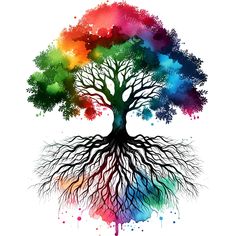 a tree with colorful roots and watercolor splashes