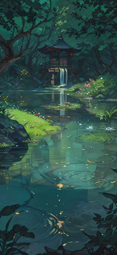 a painting of a pond in the middle of a forest with a pagoda on it