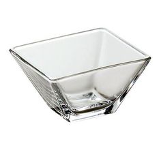 a clear glass square bowl on a white background with no one in the photo to describe