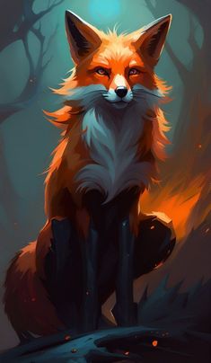 a painting of a fox sitting in the woods