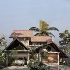 a car is parked in front of a house with palm trees on the other side