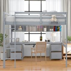 The Full Size Loft Bed is the ideal solution for teenagers living in dorm rooms or apartments. It is a versatile and practical kids' bed, designed to provide ample space for sleep and work without taking up too much floor space. The bed features a built-in long desk that offers an additional work surface for studying or working from home. It also includes a bookcase for easy access to your favorite books and four drawers for storing clothing or accessories. Made from solid pine wood and manufact Loft Bed Boys, Built In Desk And Shelves, Full Loft Bed, Loft Bed With Desk, Bunk Bed With Desk, Bed With Desk, Loft Bunk Beds, Long Desk, Full Size Mattress