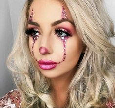 Cute Clowns Halloween Costume, Clown Makeup With Rhinestones, Rhinestone Clown Makeup, Hot Clown Halloween Costumes, Hot Clown Costume, Clown Makeup Simple, Clown Makeup Pretty, Hot Clown Makeup