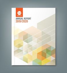 an annual report cover design with geometric shapes and orange, yellow and green colors on white paper