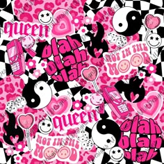 a pink and black pattern with hearts, pandas, and other things on it