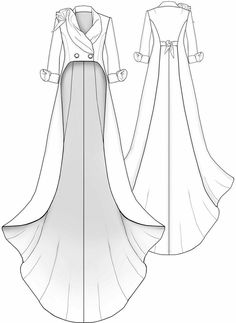 the front and back view of a dress with long sleeves, collared neckline