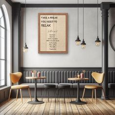 an empty restaurant with tables and chairs in front of a large poster on the wall