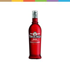 a bottle of rojuka red wine on a white background with a rainbow - colored border