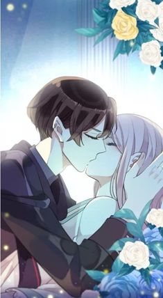 an anime couple kissing in front of flowers